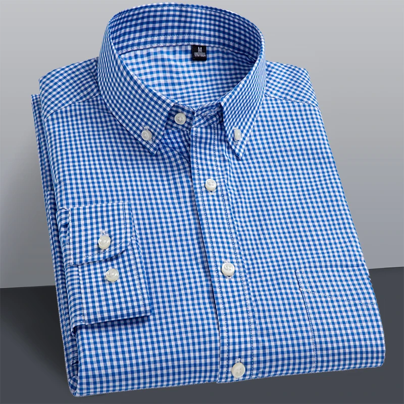 Cotton Long Sleeve Plaid Shirts Button 