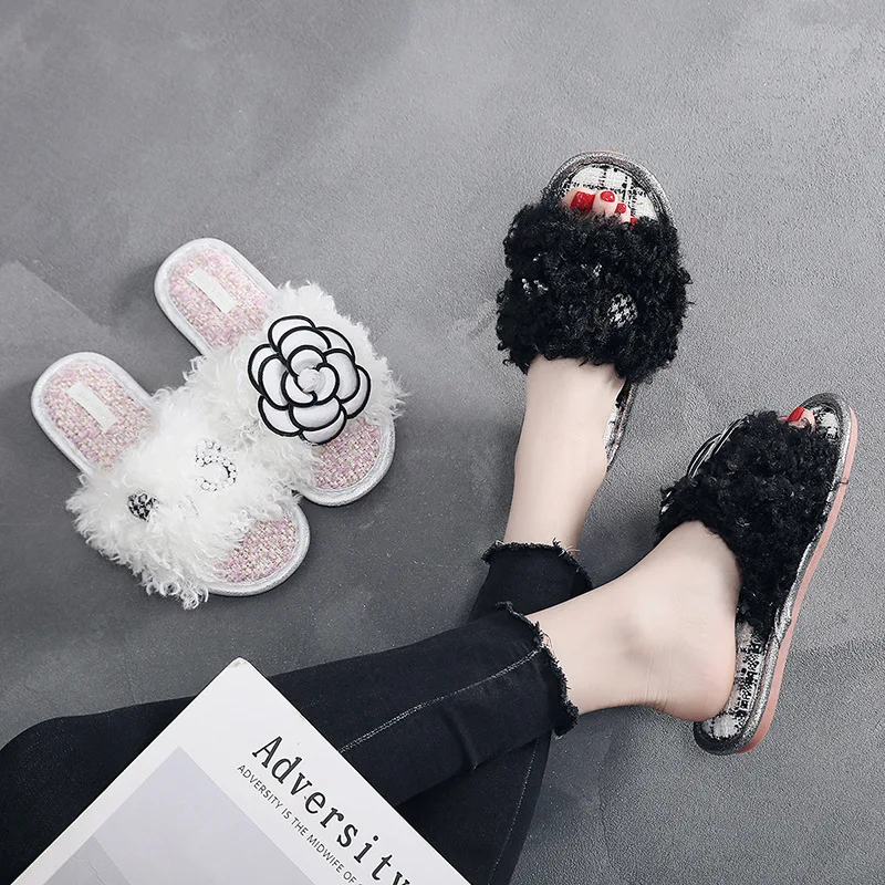 fur slippers with pearls