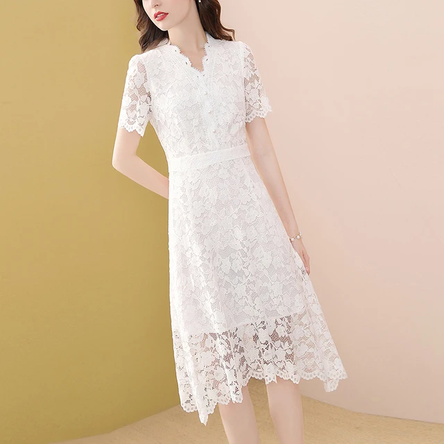 White Lace Dress For Women Short Sleeve 