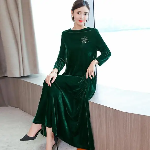 Long sleeve velvet dress women maxi 