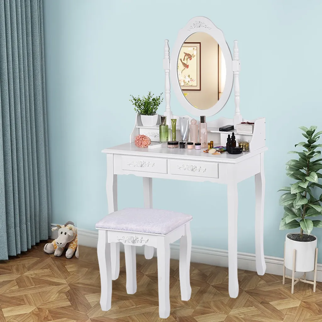 vanity table with mirror and chair