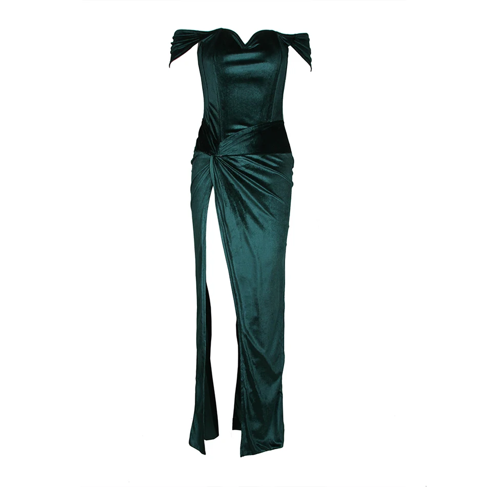 Green Velvet Long Dress Sexy V-neck 