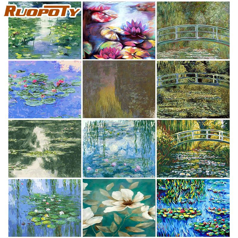 RUOPOTY DIY Painting by Numbers Claude Monet's Paintings Kinds of Water Lilies Impression Lotus Paints by Numbers Home Decor-animated-img