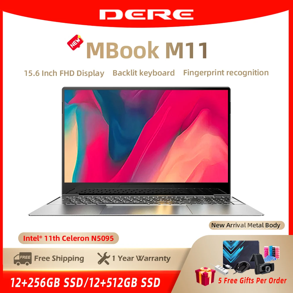 DERE MBook M11 15.6 Inch FHD Laptop Intel Celeron N5095 12GB ROM 256/512 GB Backlit Notebook Windows 10 Fingerprint Recognition