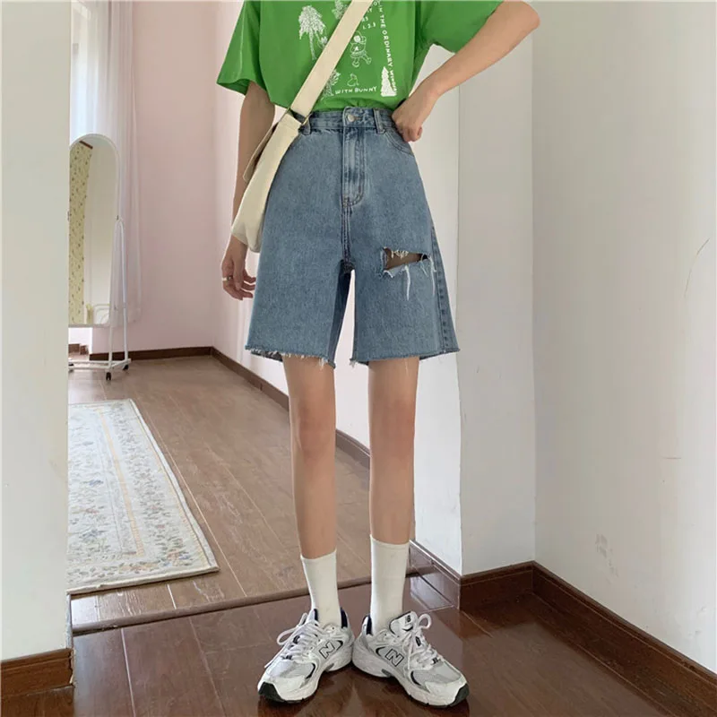 Streetwear High Waist Denim Bermuda 
