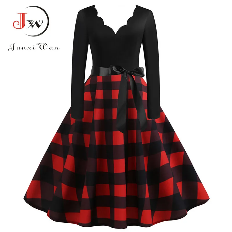 Women Plaid Print Winter Dress Black 