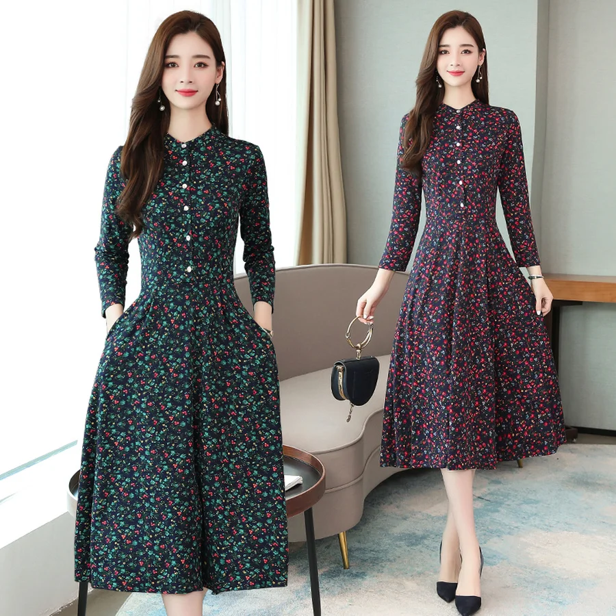 2022 Vintage Female Print Midi Dress 