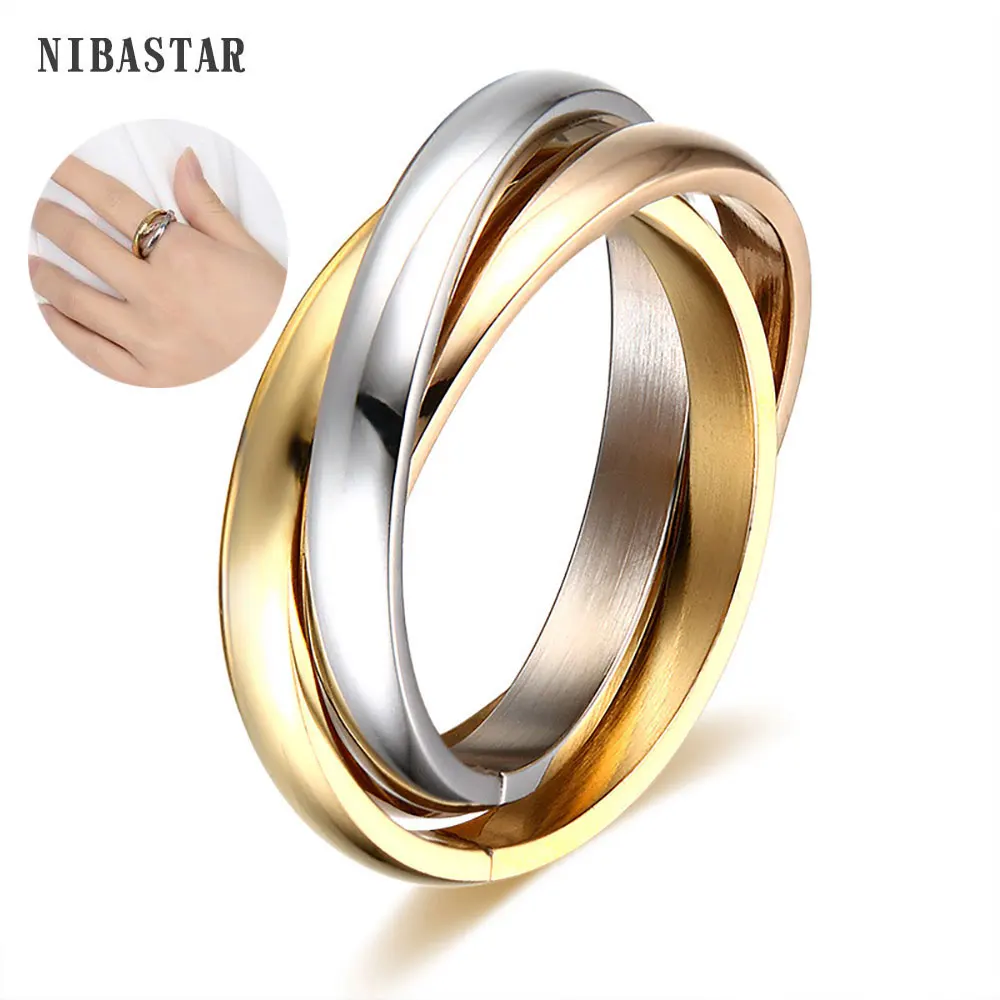 Classic 3 Rounds Ring Sets Women Stainless Steel Wedding Engagement Female Finger Jewelry-animated-img