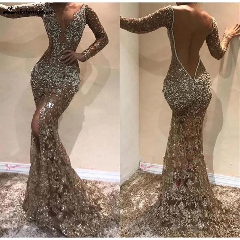 Купить Вечерние платья Deep V Neck Long Sleeves Sequins Mermaid Long Evening Dresses Beaded 2121