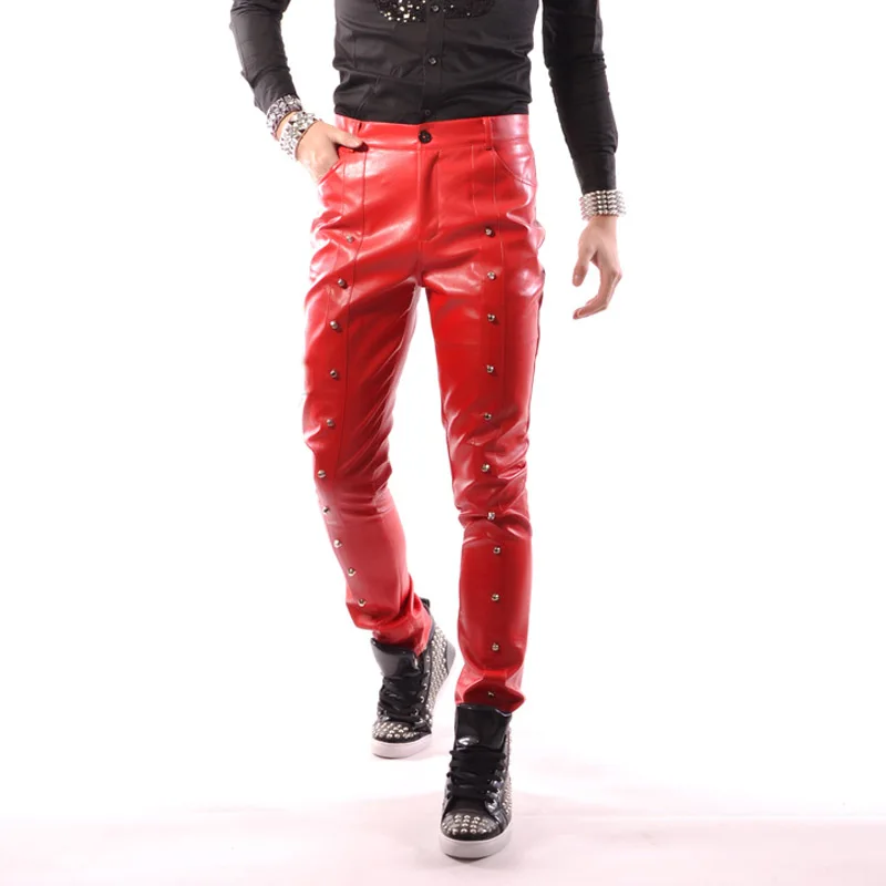 mens red leather jeans