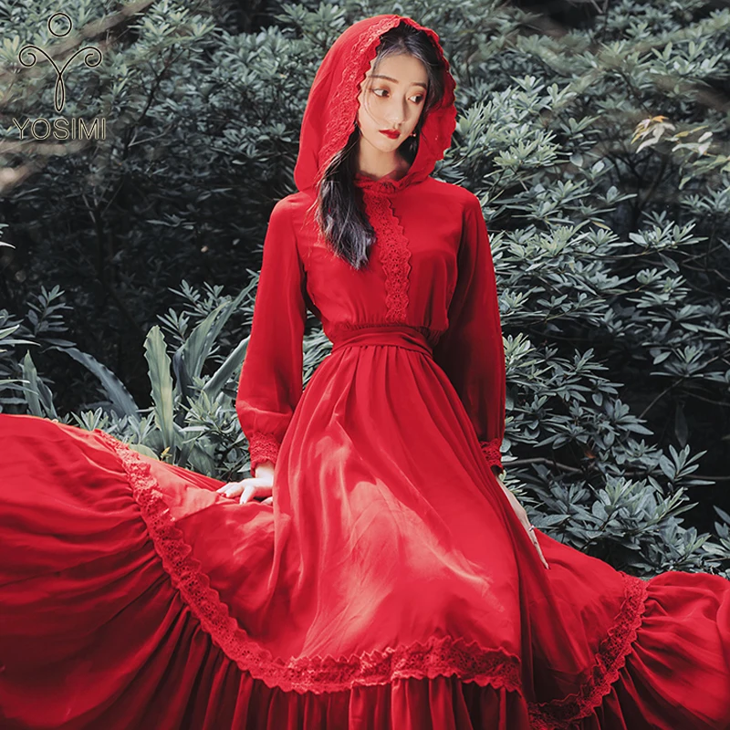YOSIMI 2019 Summer Red Chiffon Long 