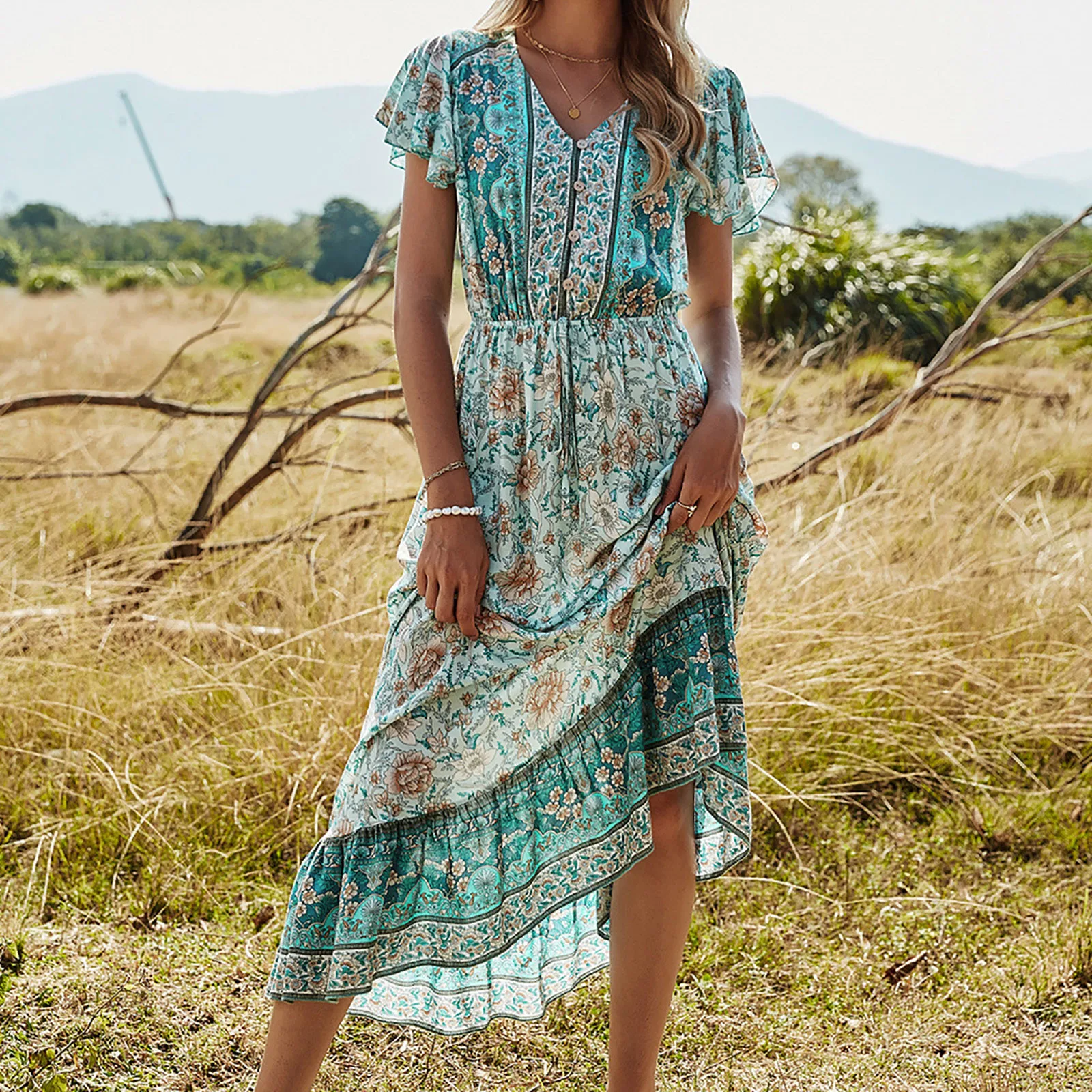 Women Summer Maxi Dress Boho Flowers 