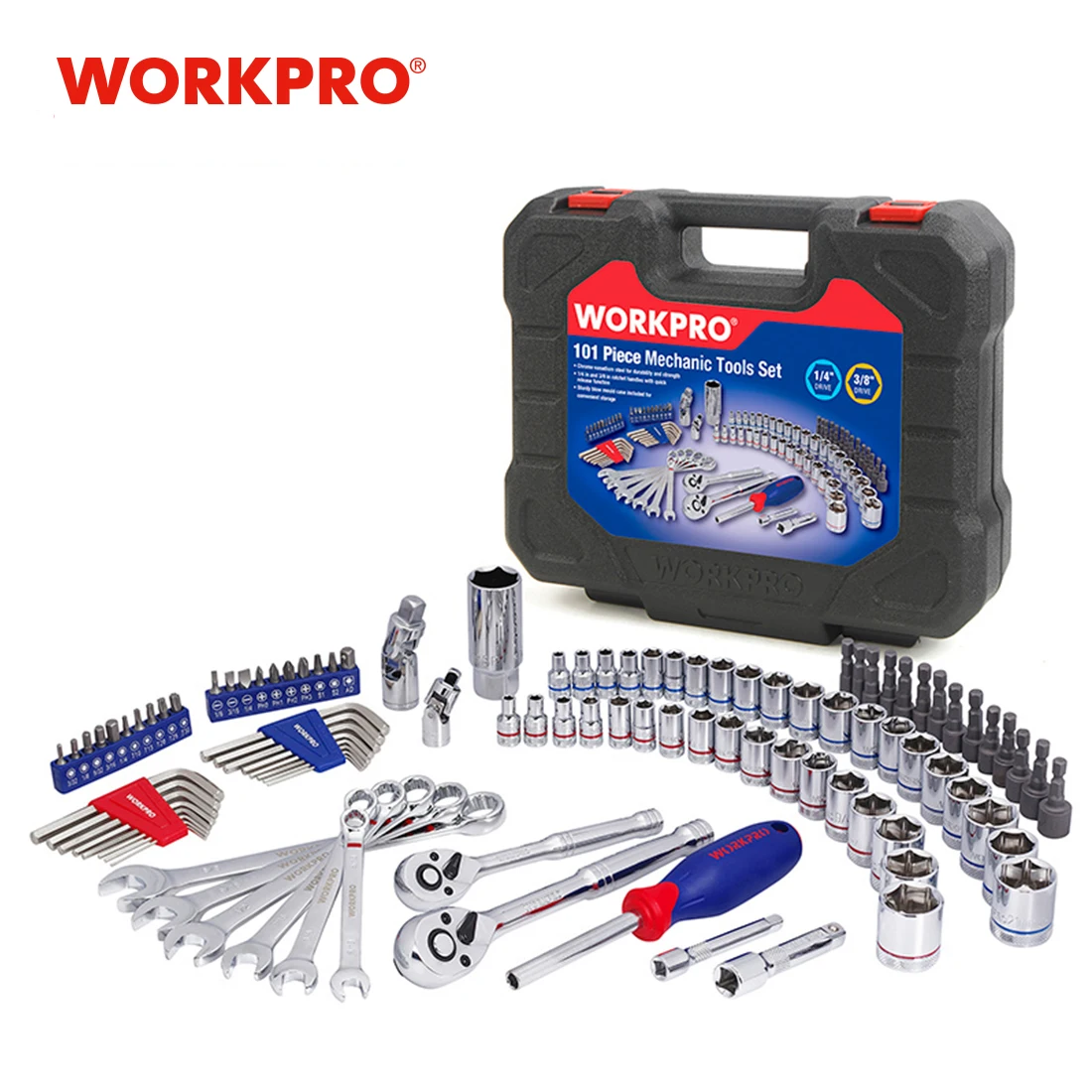 WORKPRO 101PC Mechanic Tool Set Home Tools for Car Repair Tools Sockets Set Ratchet Spanners Wrench-animated-img