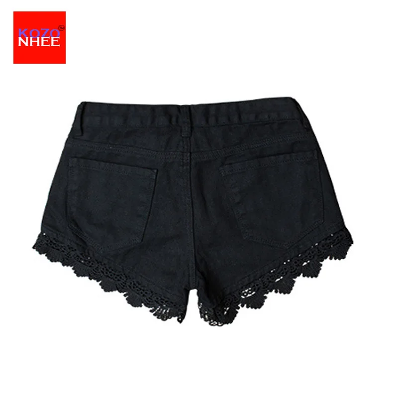 Lace Hollow Black Denim Shorts Women 