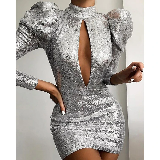 Puff Sleeve Sequin Dress Women Solid 