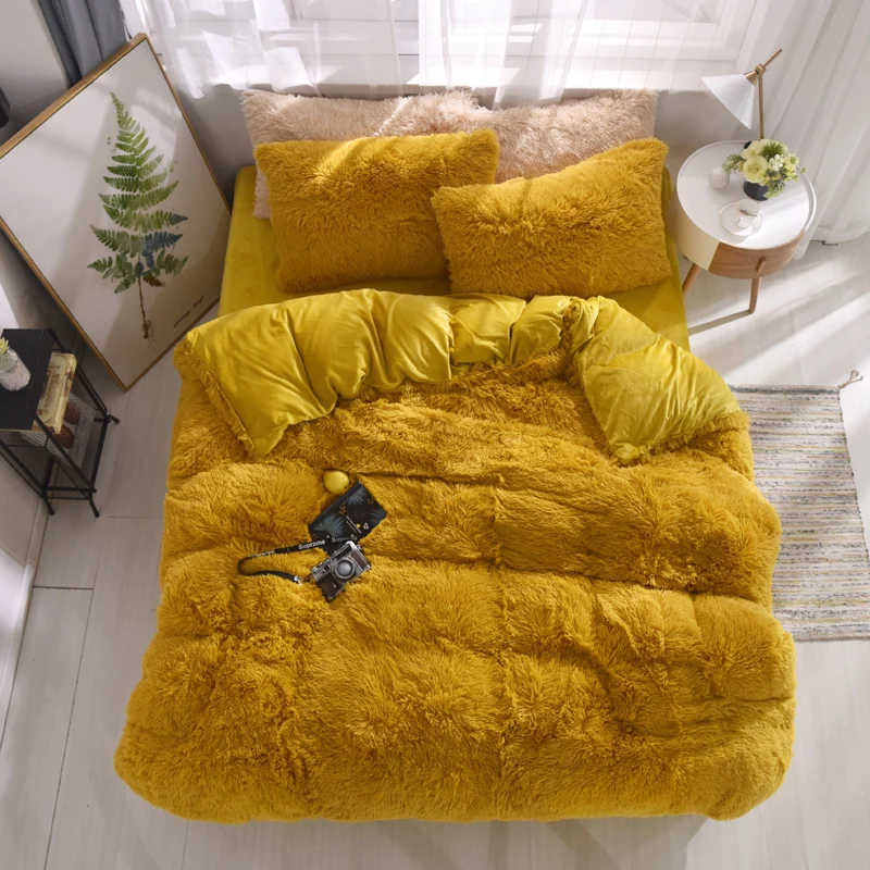 yellow fluffy bed set