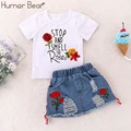 Humor Bear Girls Suit Summer Children's Clothes Suit Embroidery Letter Print Short sleeve+skirt Set Toddler Christmas Outfits