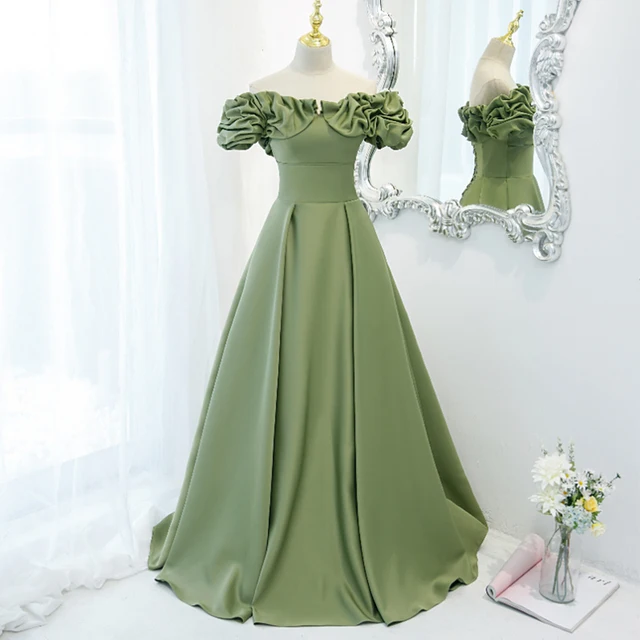 Avocado Green Satin Evening Dress 