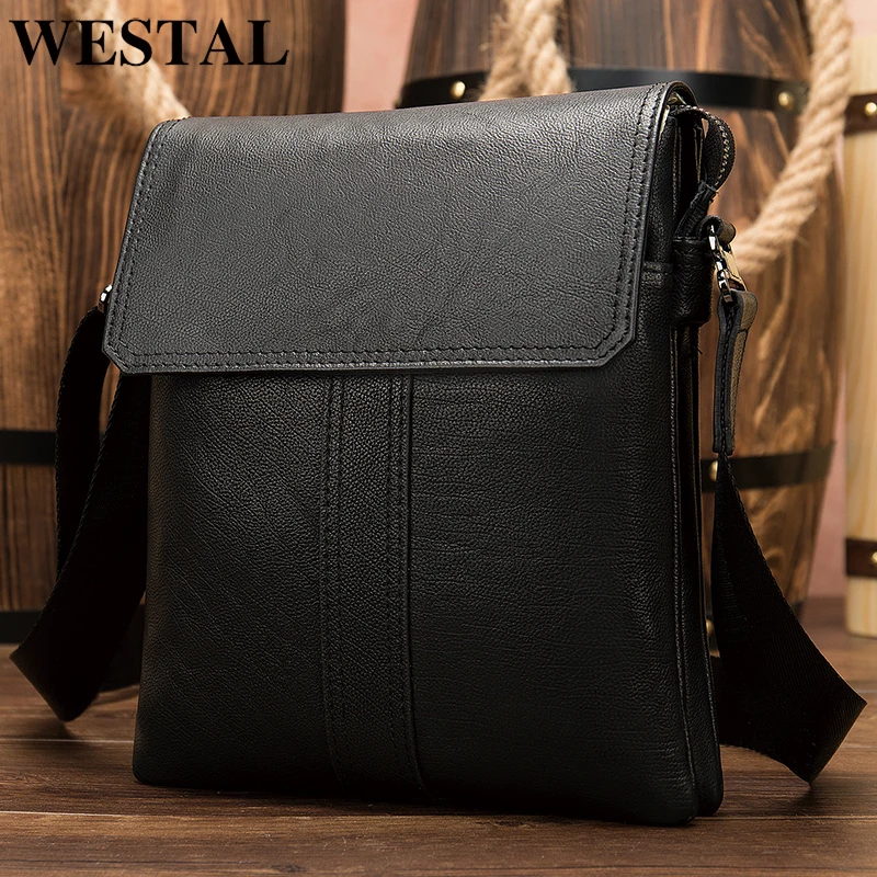 black leather men's messenger bag