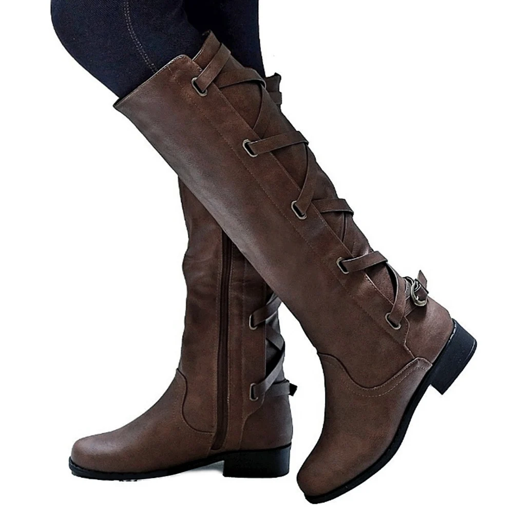 Women PU Leather Knee-High Boots Cross 