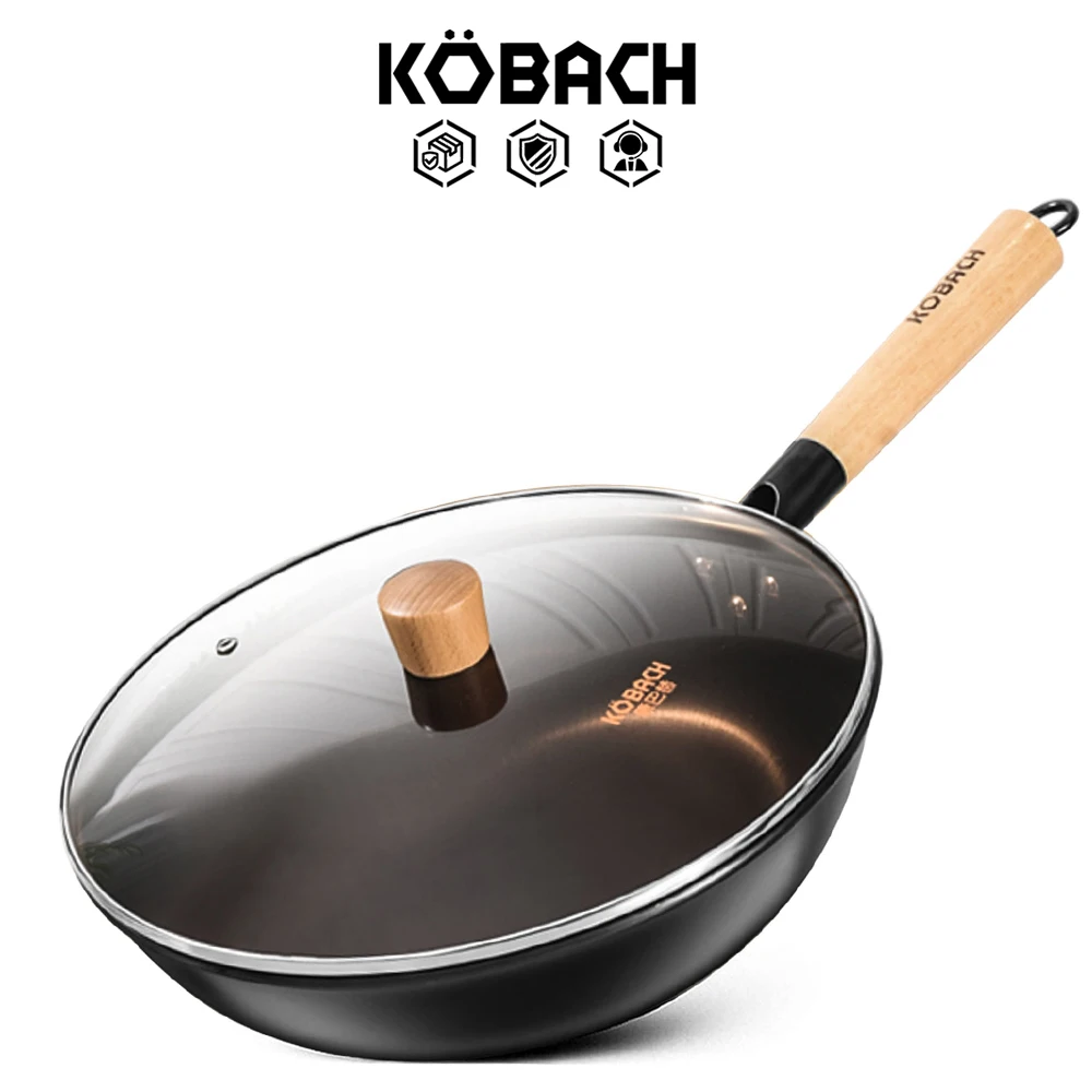 KOBACH cast iron pan wok 32cm chinese wok nonstick pan pure iron pan with glass lid and wooden handle frying pan with lid preview-7