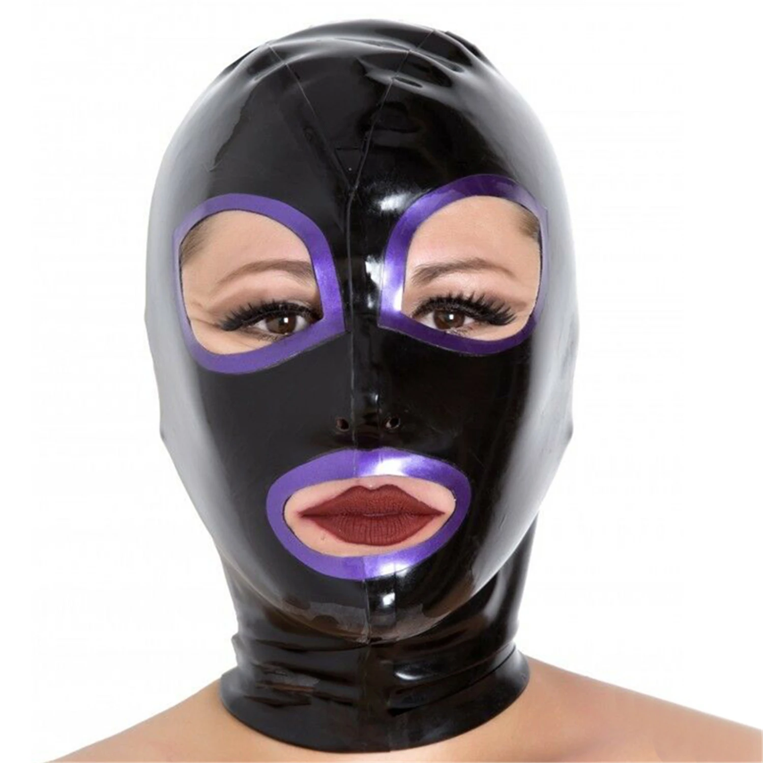 sexy exotic lingerie lenceria handmade cekc black latex with purple trim  open eyes mouth hoods hood back zipper costumes fetish