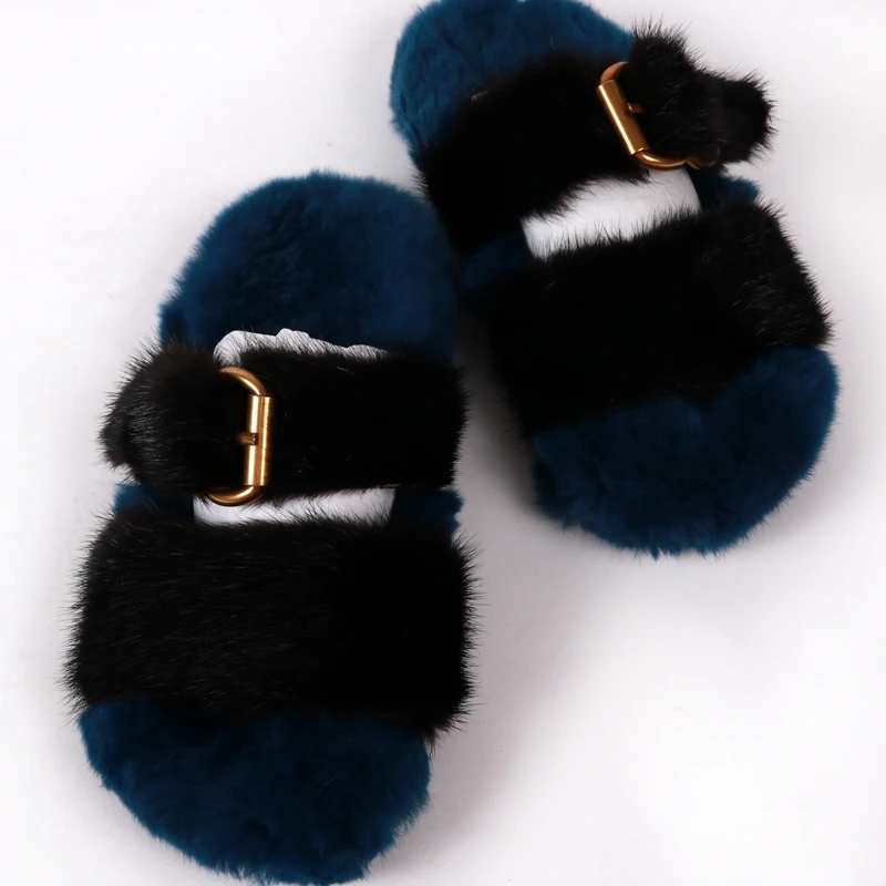 navy fur slides