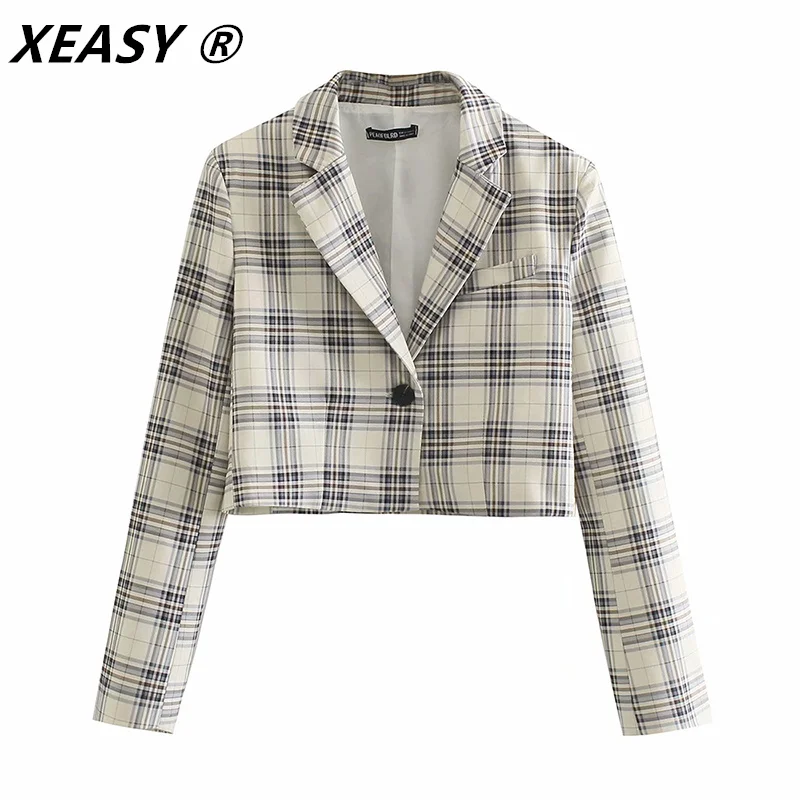 XEASY Women Gingham Blazer Vintage 