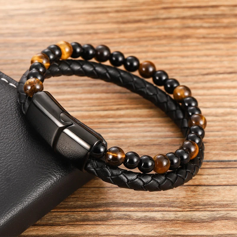 Charm Men Bracelet Rope Stainless Steel Magnetic Natural Stone Leather Beaded Braclet Volcanic Stone bracelet bangles Chain Gift-animated-img