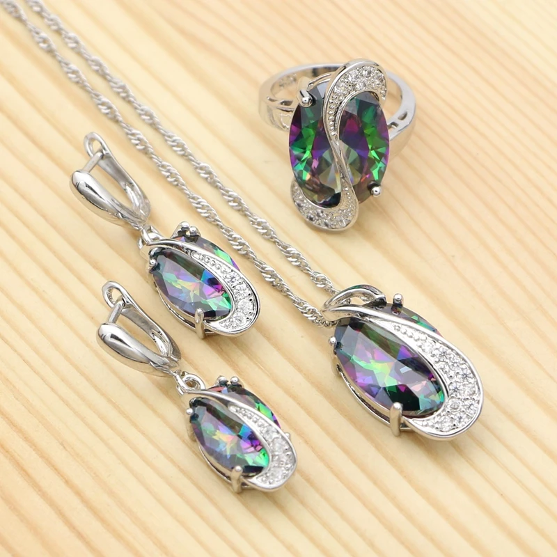 Mystic Rainbow Cubic Zirconia Jewelry Sets 925 Sterling Silver Bridal Jewelry For Women Wedding Necklace/Earrings/Pendant/Ring-animated-img