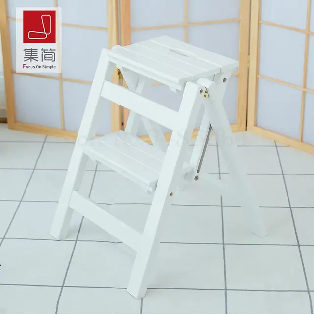 folding two step wooden stool