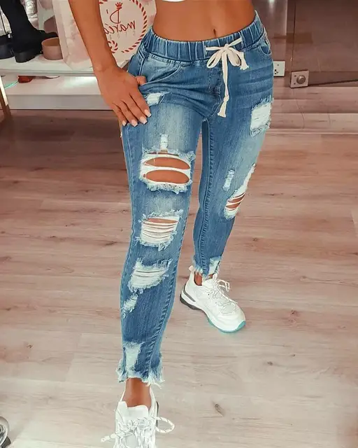 Women Fashion Ripped Denim Chic Casual 