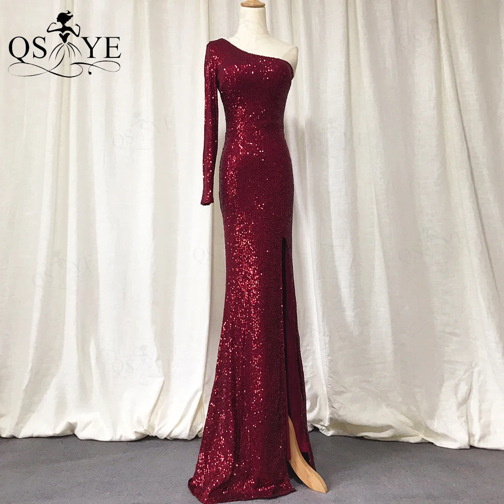 One Shoulder Red Evening Dresses Long 