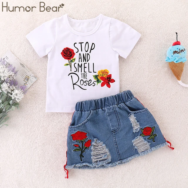 Humor Bear Girls Suit Summer Children's Clothes Suit Embroidery Letter Print Short sleeve+skirt Set Toddler Christmas Outfits-animated-img