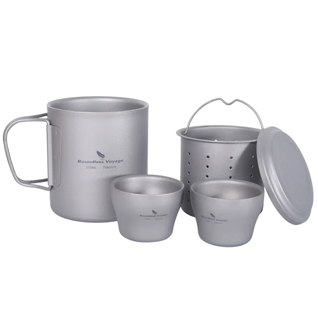 קנו　קמפינג,　Outdoor　טיולים,　Camping　Strainer　טרקים　Boundless　Voyage　Titanium　Shot　Double-walled　Tea　Cup　with　Glass　Portable　Coffee　Mug　Set　Ti3088D