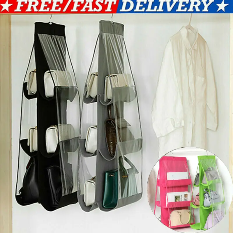 8 Pockets Hanging Closet Organizer Clear Foldable Handbag Purse Storage Bag  Bags 