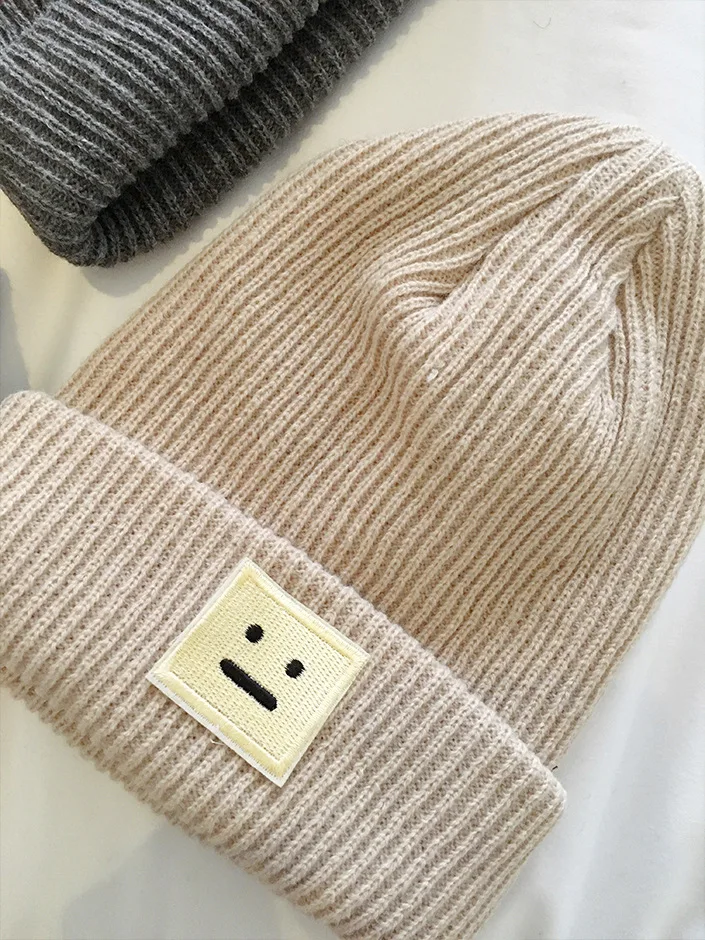 Korean New Hat Autumn Winter Fashion Warm Knit Cap British Style Smiley  Head Casual Knitted Cap For Women Outdoors Headwear, 🧢 Cap Shop Store