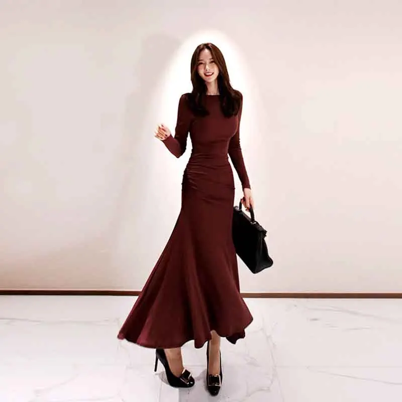 Agora Foremata One Piece Korean Dress New Autumn Winter Women Evening Party Swing Dress Solid Color Long Dress Stretch Slim Vestidos Dress