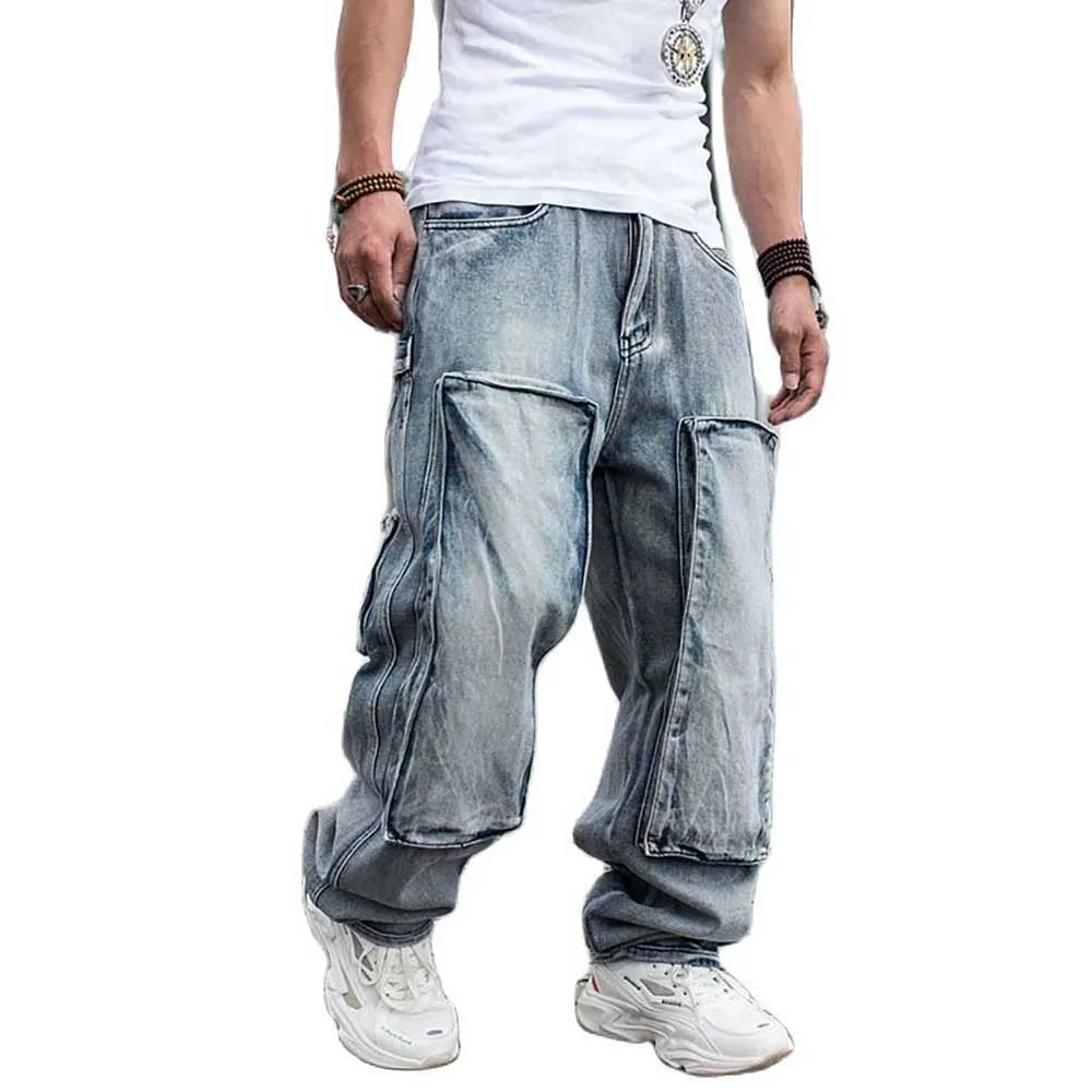 Acquistare Jeans uomo | Trendy Hiphop Harem Jeans Overalls Men Casual Denim  Cargo Pants Loose Baggy Wide Leg Jeans Big Pocket Trousers Street Fashion