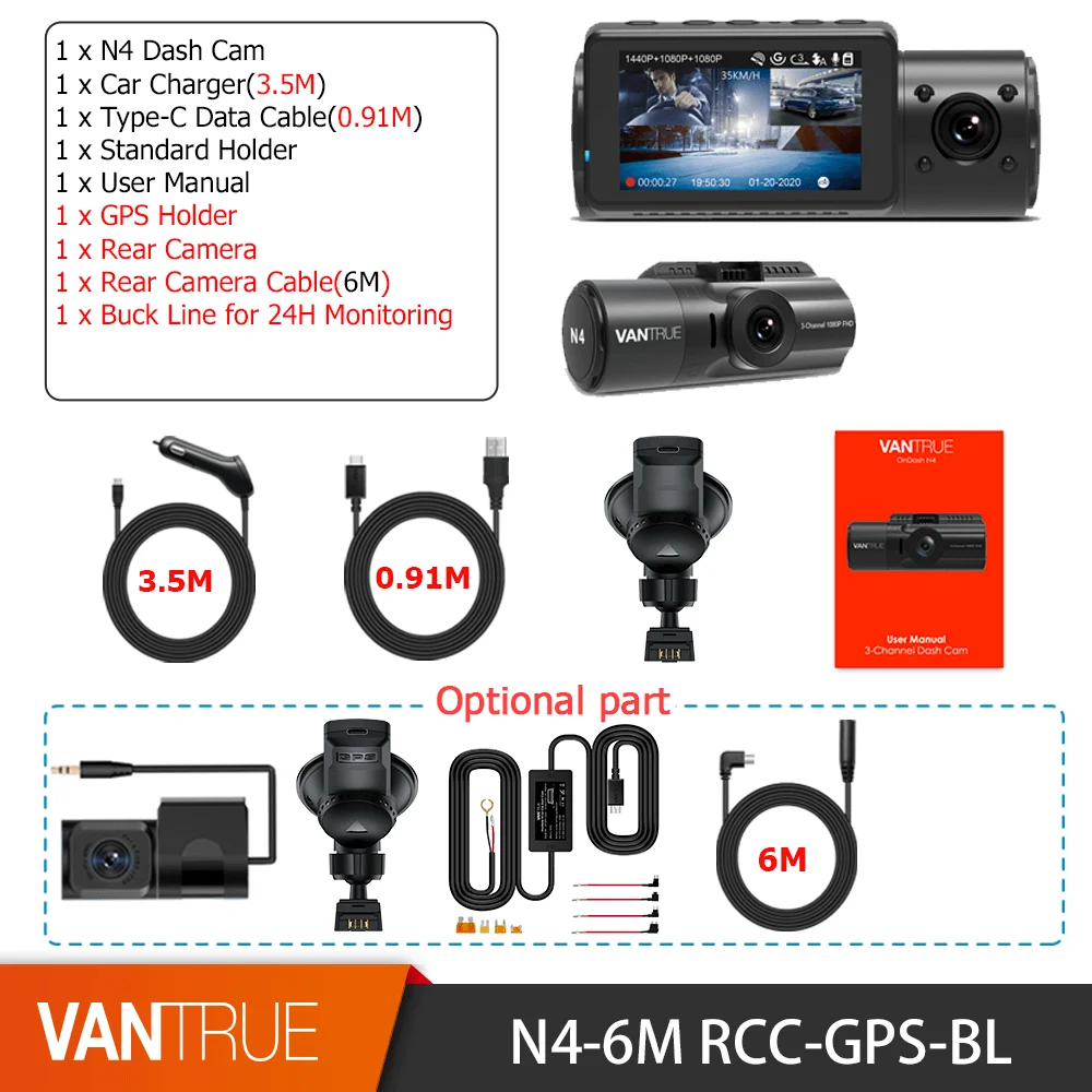 Vantrue 360° Dash Cam WiFi 2.7K Black Box Android IOS APP 5GHz GPS