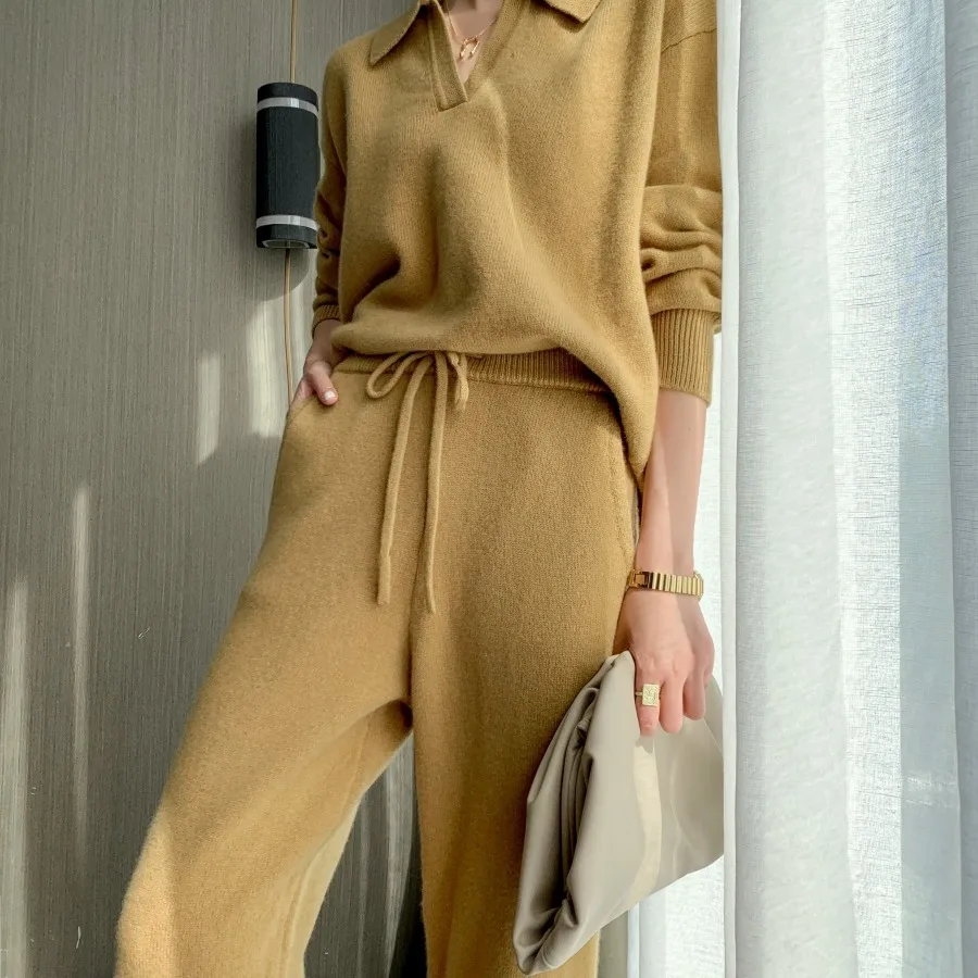 Luxury Two Pieces Cashmere Wool Suits Female Turn-down Collar Warm Mink Cashmere Knit Tops +  Wide Leg Wool Pant Sets