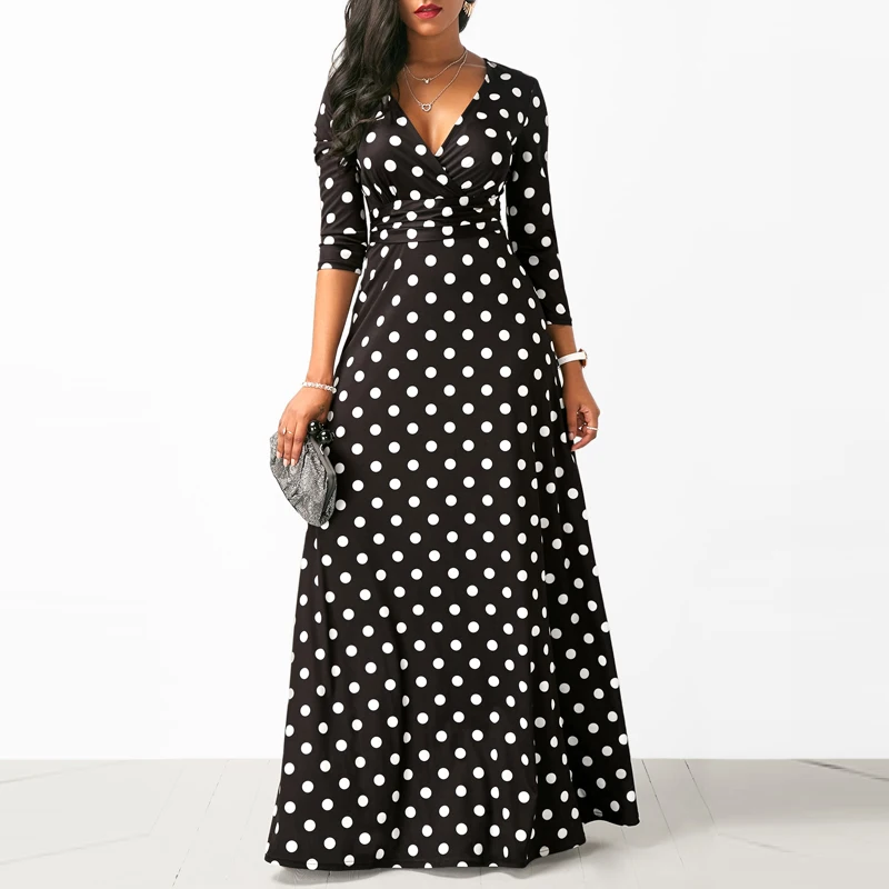 Women Polka Dot Long Sleeve Boho Dress 
