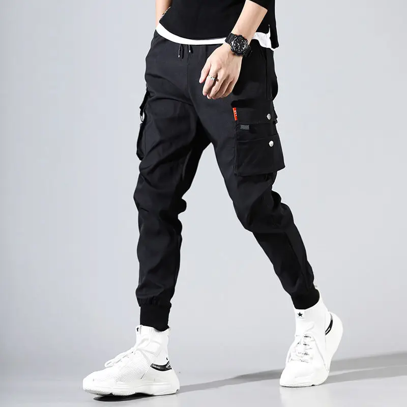 Cargo Pants Men Solid Color Black Loose Casual Jogger Pocket Elastic waist Ankle Length Trousers Techwear-animated-img