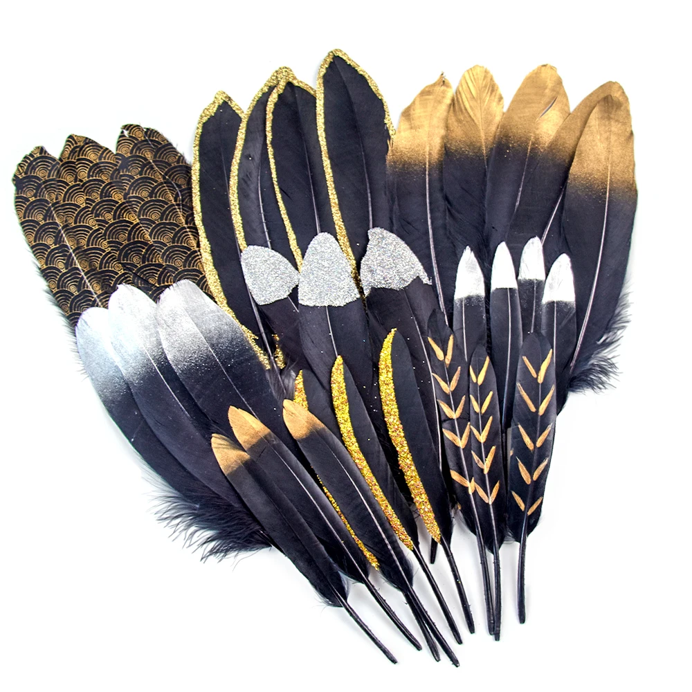 20Pcs Gold Dipped Black Goose Feathers for Decoration Golden Duck Feather  Handicraft Accessories Table Centerpieces DIY Plumas