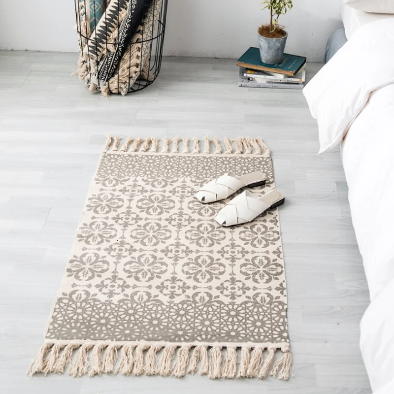 Retro Bohemian Hand Tassel Woven Cotton Linen Carpet Bedside Rug