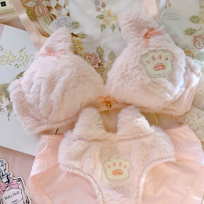 2Pcs Womens Lolita Kawaii Bra Panty Set Cute Bear Embroidery