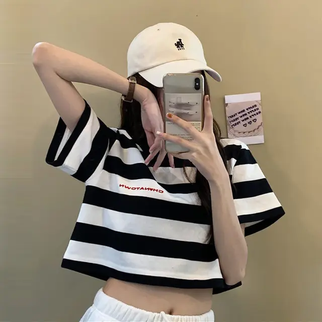 Black White Striped Cropped Top Women 
