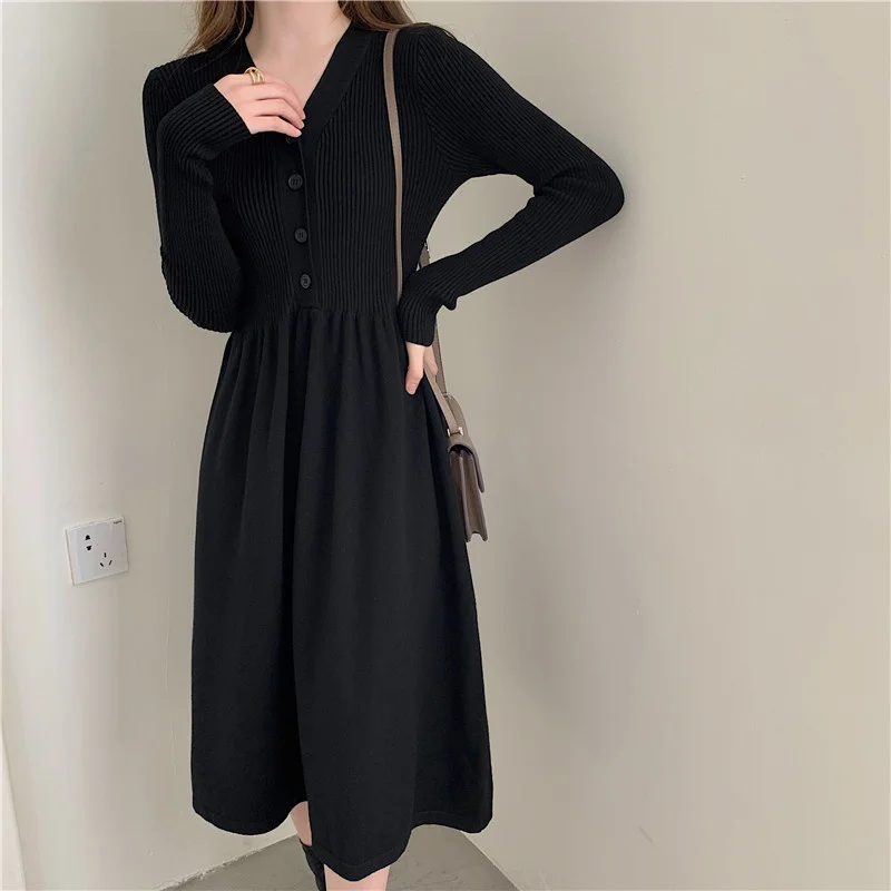 Agora Foremata One Piece Korean Mid Length V Neck Knitted Dress Women S Fall Winter 21 New Over The Knee Sweater Dress Bottoming Casual Dress