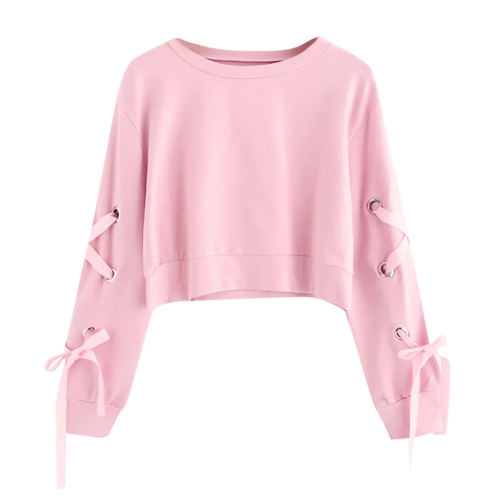 Women Crop Top Hoodie Casual Lace Up 