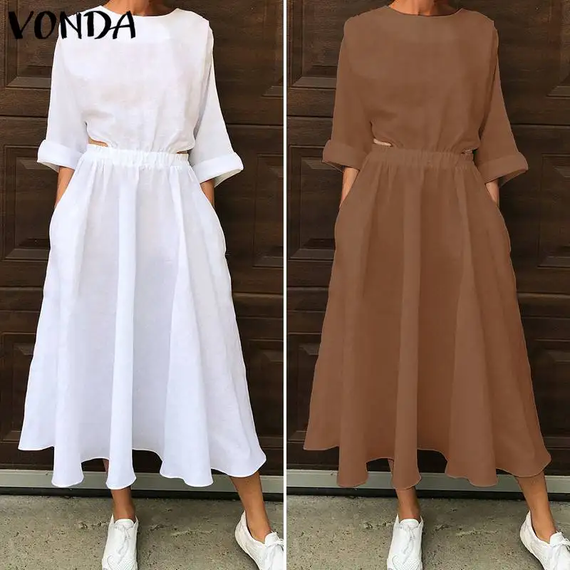 VONDA Woman Solid Dress Casual Loose 